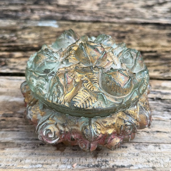 Antique Goofus Glass Vanity Powder Puff Jar Trinket Box Red & Gold Rose - Picture 2 of 9